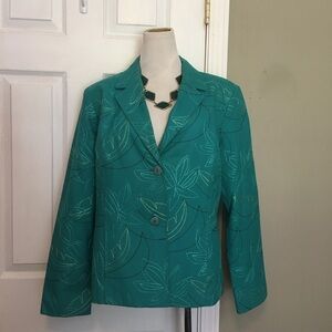 Requirements Embroidered Green Blazer with Textured Fabric and Notched Lapels